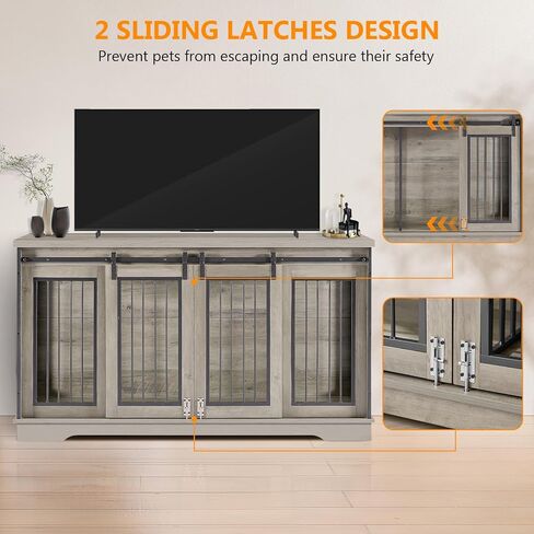 Yafylly 2 في 1 أثاث قفص مزدوج للكلاب مع مقسم 60.6 بوصة رمادي قوي بيت الكلب تلفزيون مع بابين منزلقين وإطار باب حديدي سميك لكلبين in Kuwait