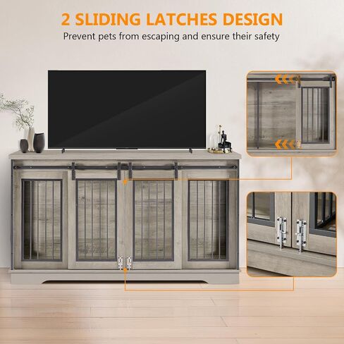 Yafylly 2-in-1 Double Dog Crate Furniture with Divider 60.6 Inch Grey Sturdy Dog Kennel TV Stand with 2 Sliding Doors and Thick Iron Door Frame for 2 Dogs in Saudi Arabia