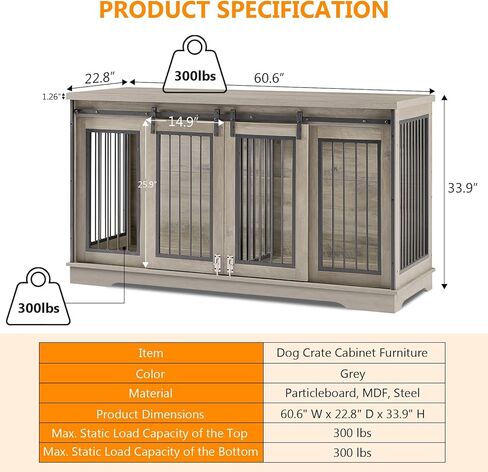 Yafylly 2-in-1 Double Dog Crate Furniture with Divider 60.6 Inch Grey Sturdy Dog Kennel TV Stand with 2 Sliding Doors and Thick Iron Door Frame for 2 Dogs in Saudi Arabia