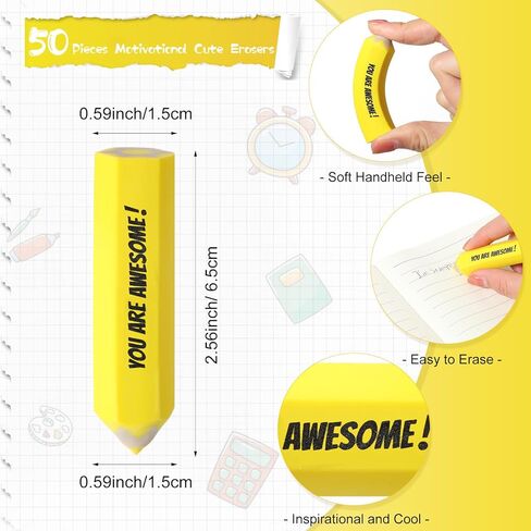 Maitys 50 Pcs Pencil Shaped Erasers for Kid Motivational Cute Yellow Eraser Bulk Eraser Kid Pencil Eraser You are Awesome Valentine's Day Gift for Student Party Favor Prize Back to School Supplies in Kuwait