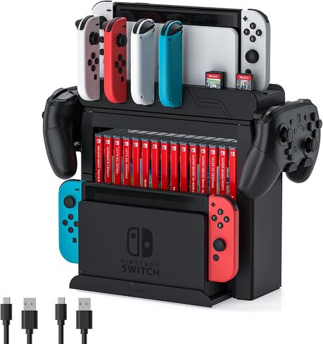 Switch Game Storage with Controller Charger for Nintendo Switch & OLED Model, Switch Charging Dock Charges 6 Joycons, Switch Gaming Accessories Holder for Desk, Switch Game Gift Card Organizer (Black) in Saudi Arabia