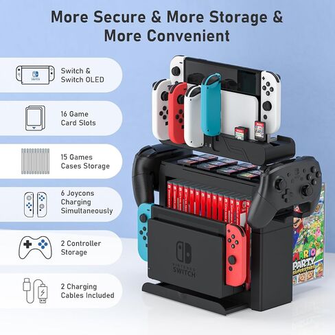 Switch Game Storage with Controller Charger for Nintendo Switch & OLED Model, Switch Charging Dock Charges 6 Joycons, Switch Gaming Accessories Holder for Desk, Switch Game Gift Card Organizer (Black) in Saudi Arabia