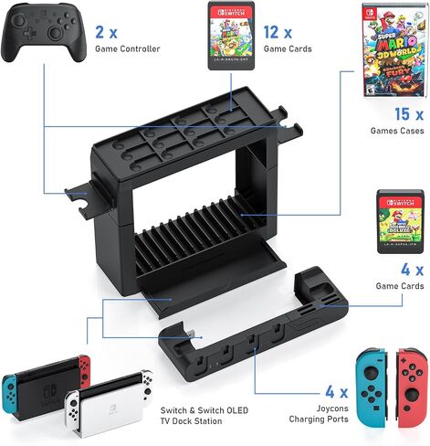 Switch Game Storage with Controller Charger for Nintendo Switch & OLED Model, Switch Charging Dock Charges 6 Joycons, Switch Gaming Accessories Holder for Desk, Switch Game Gift Card Organizer (Black) in Saudi Arabia