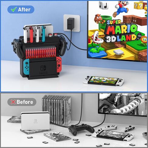 Switch Game Storage with Controller Charger for Nintendo Switch & OLED Model, Switch Charging Dock Charges 6 Joycons, Switch Gaming Accessories Holder for Desk, Switch Game Gift Card Organizer (Black) in Saudi Arabia