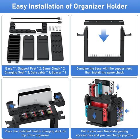 Switch Game Storage with Controller Charger for Nintendo Switch & OLED Model, Switch Charging Dock Charges 6 Joycons, Switch Gaming Accessories Holder for Desk, Switch Game Gift Card Organizer (Black) in Saudi Arabia