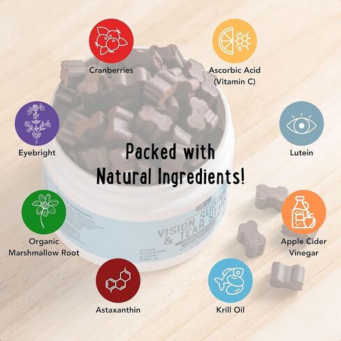 مضغ iHeartDogs للرؤية والبقع المسيل للدموع للكلاب - مكمل للعناية بعيون الكلاب لرطوبة العين + دعم الرؤية والمناعة مع زيت الكريل واللوتين والأستازانتين والتوت البري وخل التفاح وفيتامين C in Kuwait