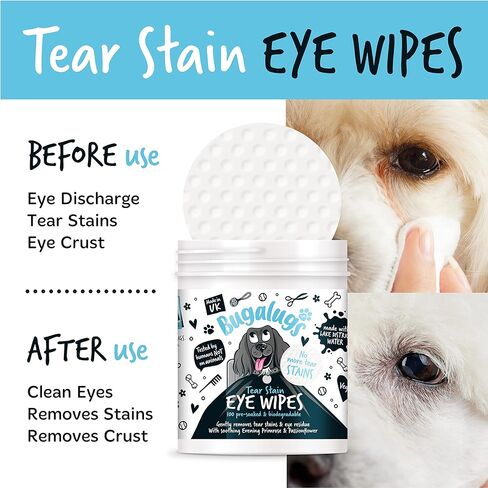 BUGALUGS مناديل مبللة لعين الكلاب، 100 منديل مبللة للكلاب قابلة للتحلل البيولوجي. تنظيف آمن وسهل للكلاب - مناديل عين الحيوانات الأليفة تزيل البقع المسيلة للدموع وقشور عين الكلب وإفرازات العين in Kuwait
