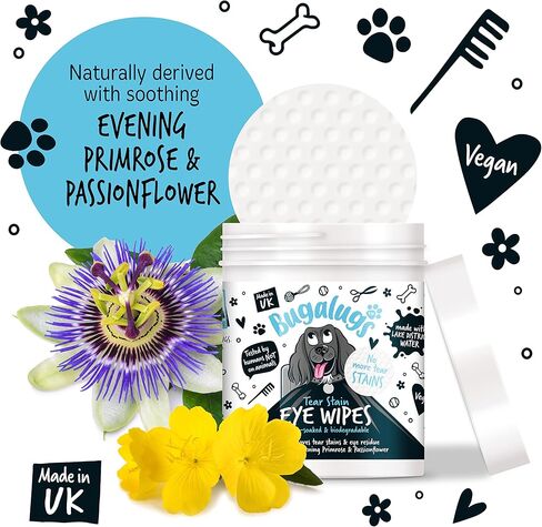 BUGALUGS مناديل مبللة لعين الكلاب، 100 منديل مبللة للكلاب قابلة للتحلل البيولوجي. تنظيف آمن وسهل للكلاب - مناديل عين الحيوانات الأليفة تزيل البقع المسيلة للدموع وقشور عين الكلب وإفرازات العين in Kuwait
