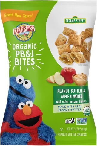 أفضل الوجبات الخفيفة العضوية للأطفال من Earth، وجبات خفيفة للأطفال الصغار من Sesame Street، لقيمات PB&J العضوية للأطفال الصغار بعمر سنتين فما فوق، زبدة الفول السوداني والتفاح بنكهة النكهات الطبيعية الأخرى، 3.17 أونصة (عبوة من 6 قطع) in Kuwait
