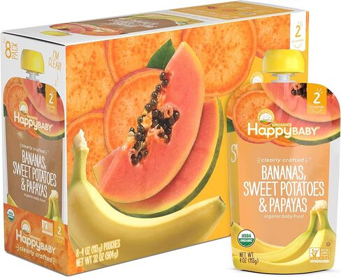 أكياس طعام الأطفال من Happy Baby Organics المرحلة 2، خالية من الغلوتين، وجبة خفيفة نباتية وصحية، هريس الفواكه والخضروات المصنوعة بوضوح، والموز، والبطاطا الحلوة والبابايا، 4 أونصات (عبوة من 16 قطعة) in Kuwait