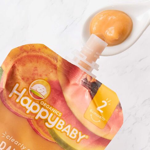 أكياس طعام الأطفال من Happy Baby Organics المرحلة 2، خالية من الغلوتين، وجبة خفيفة نباتية وصحية، هريس الفواكه والخضروات المصنوعة بوضوح، والموز، والبطاطا الحلوة والبابايا، 4 أونصات (عبوة من 16 قطعة) in Kuwait