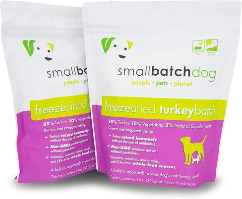 Smallbatch Pets نظام غذائي خام ممتاز مجفف بالتجميد للكلاب، عبوتان، وصفة الديك الرومي، 14 أونصة في كل كيس (إجمالي 28 أونصة)، صنع في الولايات المتحدة الأمريكية، منتجات عضوية، لحم مرفوع بطريقة إنسانية، يرطب ويقدم الفطائر in Kuwait