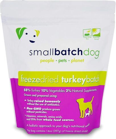 Smallbatch Pets نظام غذائي خام ممتاز مجفف بالتجميد للكلاب، عبوتان، وصفة الديك الرومي، 14 أونصة في كل كيس (إجمالي 28 أونصة)، صنع في الولايات المتحدة الأمريكية، منتجات عضوية، لحم مرفوع بطريقة إنسانية، يرطب ويقدم الفطائر in Kuwait