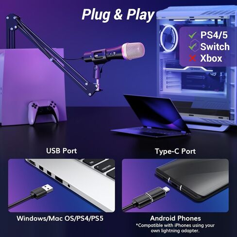 TONOR USB/Type C Dynamic Microphone for PC, RGB Podcast Computer Gaming Mic with Boom Arm for Recording, Live, Streaming, YouTube, Singing, Studio,Karaoke Microfono with Quick Mute Button Pink in Saudi Arabia