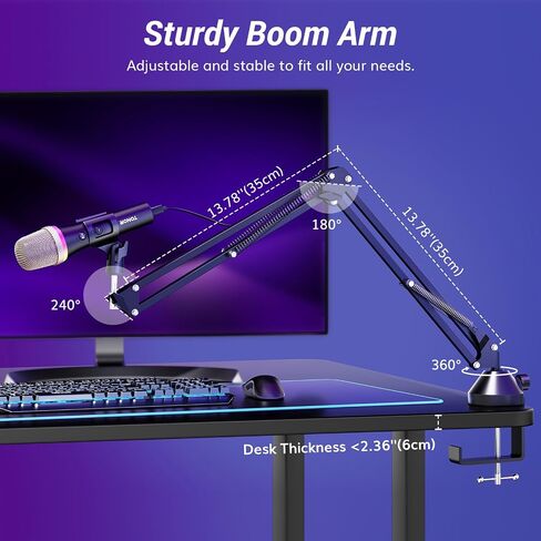 TONOR USB/Type C Dynamic Microphone for PC, RGB Podcast Computer Gaming Mic with Boom Arm for Recording, Live, Streaming, YouTube, Singing, Studio,Karaoke Microfono with Quick Mute Button Pink in Saudi Arabia