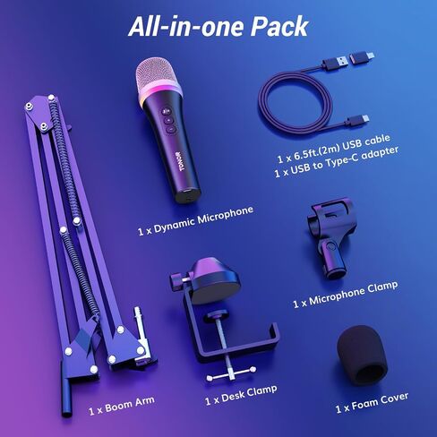 TONOR USB/Type C Dynamic Microphone for PC, RGB Podcast Computer Gaming Mic with Boom Arm for Recording, Live, Streaming, YouTube, Singing, Studio,Karaoke Microfono with Quick Mute Button Pink in Saudi Arabia