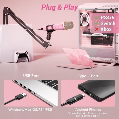 TONOR USB/Type C Dynamic Microphone for PC, RGB Podcast Computer Gaming Mic with Boom Arm for Recording, Live, Streaming, YouTube, Singing, Studio,Karaoke Microfono with Quick Mute Button Pink in Saudi Arabia
