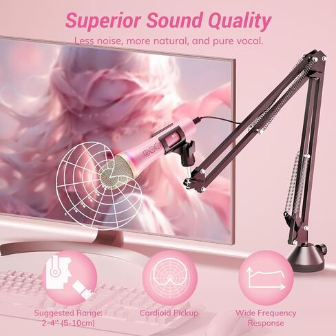 TONOR USB/Type C Dynamic Microphone for PC, RGB Podcast Computer Gaming Mic with Boom Arm for Recording, Live, Streaming, YouTube, Singing, Studio,Karaoke Microfono with Quick Mute Button Pink in Saudi Arabia