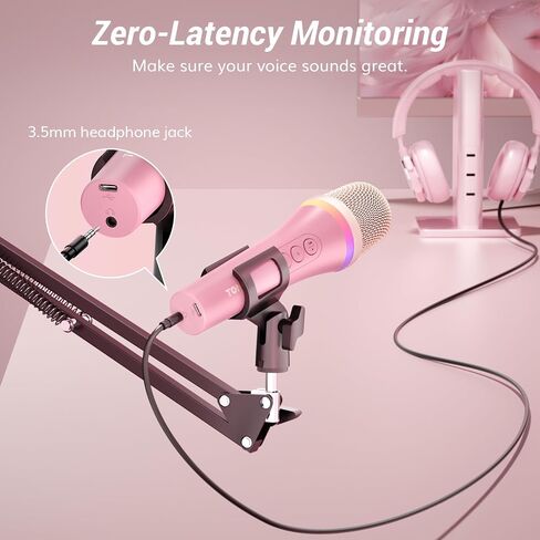 TONOR USB/Type C Dynamic Microphone for PC, RGB Podcast Computer Gaming Mic with Boom Arm for Recording, Live, Streaming, YouTube, Singing, Studio,Karaoke Microfono with Quick Mute Button Pink in Saudi Arabia