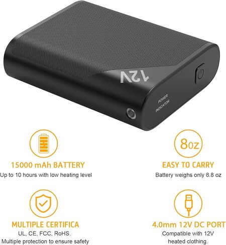 Lyzuepely 12V 15000 mAh Battery for Heated Jacket Heated Vest Power Bank for Heating Electric Vest Coat Hoodies Rechargeable Battery Pack for Man Women Heated Clothing in Kuwait