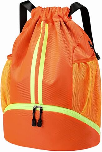 Black Drawstring Gym Bag for Men, Waterproof Drawstring Backpack for Women, Swim Bag with Shoes Compartment, Pull String Sport Bag for Soccer and Basketball. in Saudi Arabia
