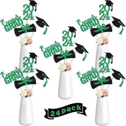 YUJUN 24 قطعة 2024 قطعة مركزية لحفلات التخرج الخضراء لعصي الطاولات، 2024 أغطية طاولات Congrats Grad لتزيين طاولة حفلات التخرج 2024 (أخضر) in Kuwait