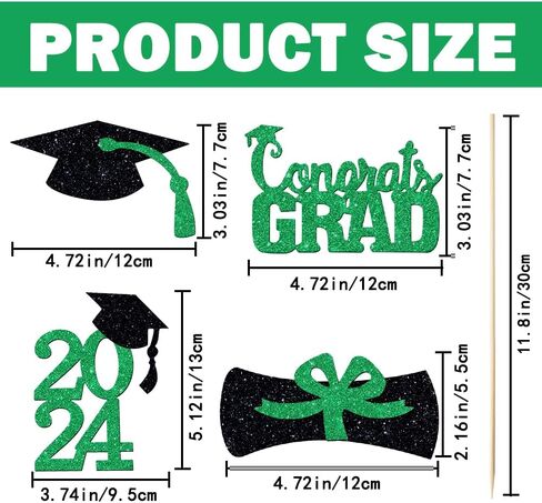 YUJUN 24 قطعة 2024 قطعة مركزية لحفلات التخرج الخضراء لعصي الطاولات، 2024 أغطية طاولات Congrats Grad لتزيين طاولة حفلات التخرج 2024 (أخضر) in Kuwait