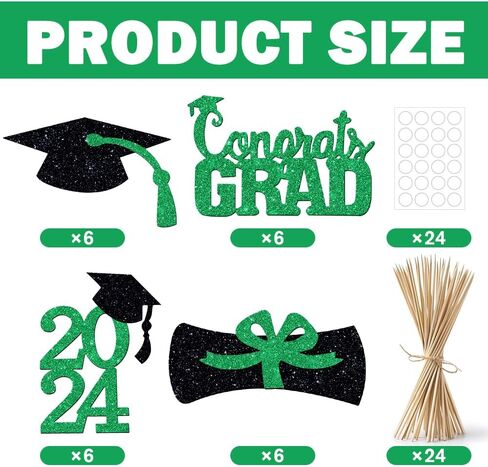 YUJUN 24 قطعة 2024 قطعة مركزية لحفلات التخرج الخضراء لعصي الطاولات، 2024 أغطية طاولات Congrats Grad لتزيين طاولة حفلات التخرج 2024 (أخضر) in Kuwait