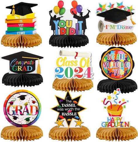 POPGIFTU 9 قطع ديكورات حفلات التخرج فئة 2024 قطعة مركزية لطاولة تهنئة التخرج على شكل قرص العسل لمستلزمات تزيين حفلات التخرج (ملونة) in Kuwait