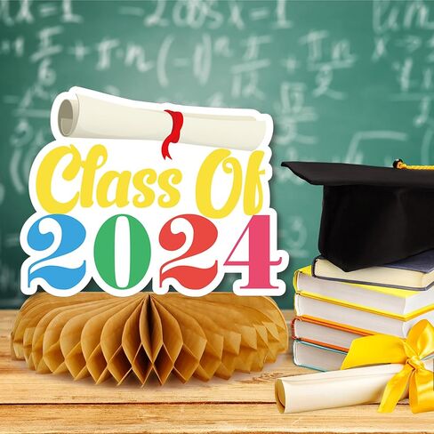 POPGIFTU 9 قطع ديكورات حفلات التخرج فئة 2024 قطعة مركزية لطاولة تهنئة التخرج على شكل قرص العسل لمستلزمات تزيين حفلات التخرج (ملونة) in Kuwait