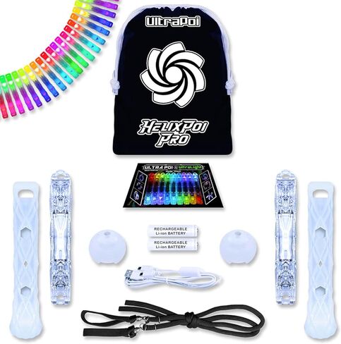 مجموعة UltraPoi HelixPoi Pro - Helix Poi Pro مع مقابض LED UltraKnob Pro - أكثر من 40 نمطًا ونمطًا من الألوان - مصابيح Poi LED قابلة لإعادة الشحن عبر USB مع حافظات متينة ناعمة ومقاود قابلة للتعديل - لعبة دوارة لفنون التدفق in Kuwait