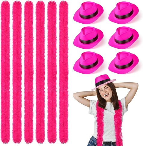 Panitay 12 Pcs Feather Boas for Party, Hot Pink 5 ft Boas and Gangster Hats, Neon Party Supplies for Women Costume Carnival in Saudi Arabia