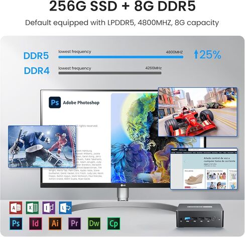 كمبيوتر صغير Intel N100 (يصل إلى 3.4 جيجا هرتز) كمبيوتر صغير Windows 11، كمبيوتر صغير 8 جيجا DDR5 256 جيجا SSD، مدمج في 60,000+ لعبة، شاشة 4K مزدوجة/WiFi 5/BT 4.2/500G كمبيوتر مكتبي صغير HDD خارجي للمكتب المنزلي in Kuwait