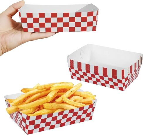 50 عبوة من صواني الطعام الورقية ذات المربعات الحمراء، لوازم حفلات الكرنفال، صواني ناتشو ذات اللون الأحمر والأبيض، صينية من الورق المقوى للنزهات، صواني هوت دوج، لوازم المطاعم المدرسية in Kuwait