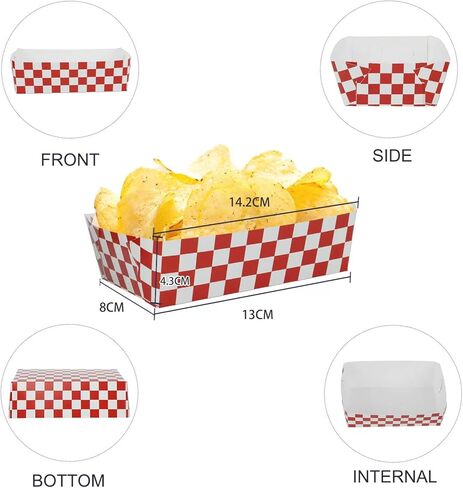 50 عبوة من صواني الطعام الورقية ذات المربعات الحمراء، لوازم حفلات الكرنفال، صواني ناتشو ذات اللون الأحمر والأبيض، صينية من الورق المقوى للنزهات، صواني هوت دوج، لوازم المطاعم المدرسية in Kuwait