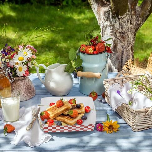 50 عبوة من صواني الطعام الورقية ذات المربعات الحمراء، لوازم حفلات الكرنفال، صواني ناتشو ذات اللون الأحمر والأبيض، صينية من الورق المقوى للنزهات، صواني هوت دوج، لوازم المطاعم المدرسية in Kuwait