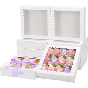 صناديق مخبز موريتو مقاس 8 × 8 × 2.5 بوصة، 50 قطعة من صناديق البسكويت البيضاء وصناديق المعجنات مع نافذة للكعك والفراولة والمعجنات in Kuwait