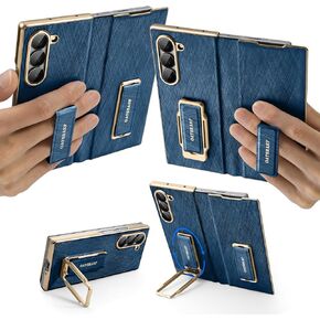Dual Grip for Samsung Galaxy Z Fold 7 Leather Case with Hand Strap,360° Rotatable Stand,Full Body Screen Protector Flip Cases,Hinge Protection Anti-Scratch Shockproof Phone Cover,Blue Shadow in Kuwait