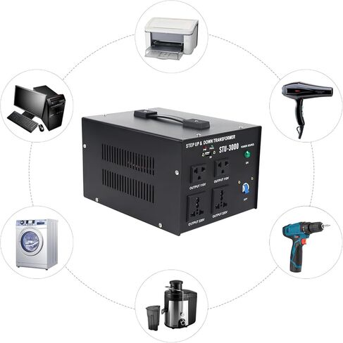 محول محول الجهد الكهربي 4000 وات، منظم للرفع والأسفل للخدمة الشاقة مع سلك طاقة أمريكي 110 فولت - 220 فولت، حماية من قاطع الدائرة، بداية ناعمة وتحميل كامل (4000، واط) in Saudi Arabia