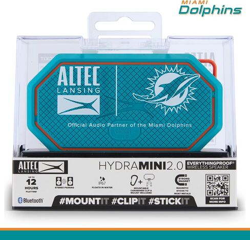 Altec Lansing x Miami Dolphins - مكبر صوت بلوتوث محمول HYDRAMINI 2.0، مقاوم للماء IP67، مخرج 8 وات، وقت تشغيل 12 ساعة، شحن سريع USB-C، تكامل المساعد الصوتي (Miami Dolphins) in Kuwait