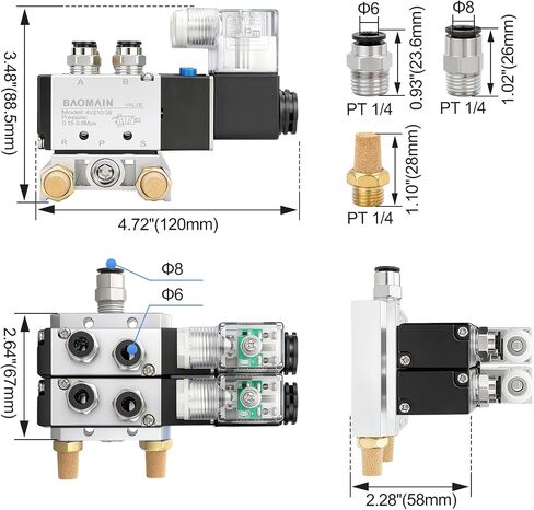 Baomain 6 Space Pneumatic Solenoid Valve 4V210-08 AC 110V Single Head 2 Position 5 Way with Base Muffler Quick Fittings Set in Kuwait