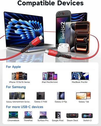 JSAUX 100W USB C to USB C Cable, 2-Pack 6.6FT, 5A Fast Charging, Red in Kuwait