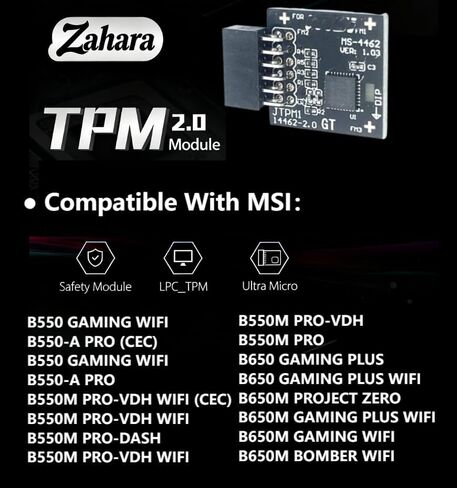 وحدة TPM 2.0 SPI 12pin-1 وحدة MS-4462 مع استبدال Infineon SLB9670 للوحة الأم MSI B550 Gaming WIFI/B550-A PRO/B550M PRO/B650 Gaming PLUS/B650M Project ZERO/B650M Bomber WiFi in Saudi Arabia