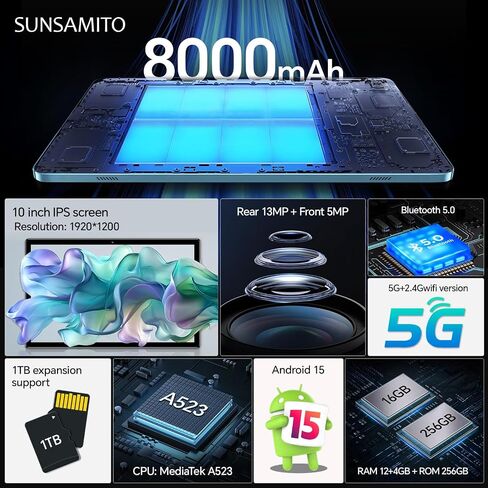 Android Tablet, 10 inch IPS Touchscreen with Case, Android 15 with Octa-core Processor, 12GB RAM 256GB ROM Android Tablet with Keyboard, 8000mAh Battery, 5MP+13MP Dual Camera, 5G WiFi, Blue in Saudi Arabia