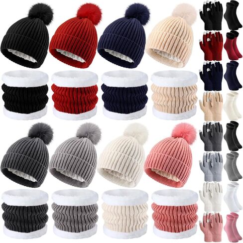 Wesiti 32 Pcs Winter Hat Scarf Gloves Sets Women Warm Fleece Lined Knit Ladies Cap Neck Scarf Touch Screen Gloves with Socks (Classic Style) in Saudi Arabia
