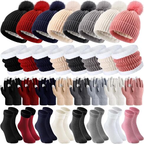 Wesiti 32 Pcs Winter Hat Scarf Gloves Sets Women Warm Fleece Lined Knit Ladies Cap Neck Scarf Touch Screen Gloves with Socks (Classic Style) in Saudi Arabia
