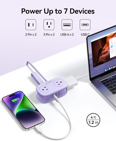 ORICO 4FT Purple Travel Power Strip with 4 AC Outlets, 2 USB-A Ports, and 1 USB-C Port, 45° Flat Plug Extension Cord with Non Surge Protector for Travel/Home/Dorm/Office-AP3 in Saudi Arabia