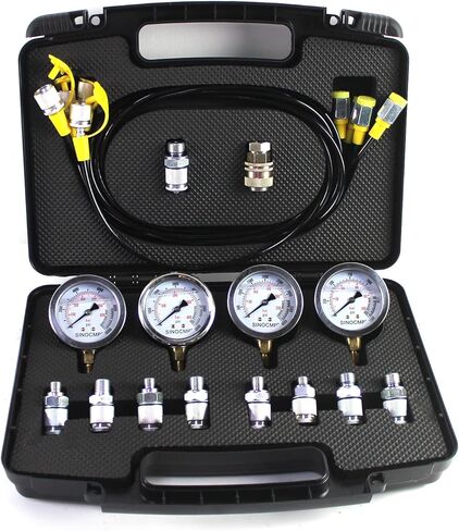 SINOCMP Hydraulic Test Gauge Kit 100/250/400/600 Bar 4 Gauges 3 Test Hoses 10 Couplings 1 Aluminum Case, Hydraulic Pressure Test Kit for Excavator Construction Machinery in Saudi Arabia