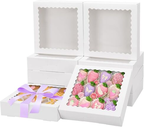 صناديق مخبز موريتو مقاس 8 × 8 × 2.5 بوصة، 50 قطعة من صناديق البسكويت البيضاء وصناديق المعجنات مع نافذة للكعك والفراولة والمعجنات in Kuwait