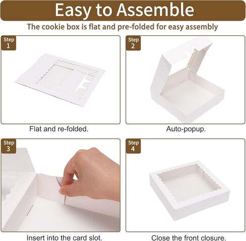 صناديق مخبز موريتو مقاس 8 × 8 × 2.5 بوصة، 50 قطعة من صناديق البسكويت البيضاء وصناديق المعجنات مع نافذة للكعك والفراولة والمعجنات in Kuwait